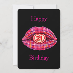 Convite Feliz Aniversário de 21 anos Lábios com Tartan Esc