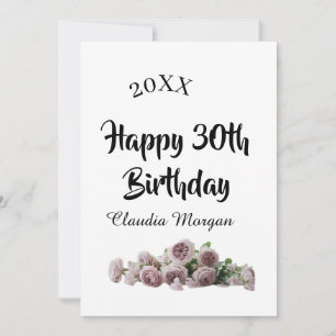 Convite Feliz aniversário de 30 anos rosa branco floral no