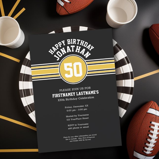 Convite Feliz Aniversário de Esportes com Dourado de Idade (Birthday Party Invitation - Sports Theme - Football Party Invitation)