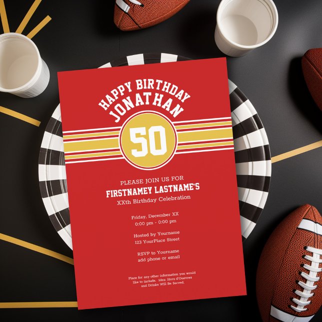 Convite Feliz Aniversário de Esportes com Vermelho Dourado (Birthday Party Invitation - Sports Theme - Football Party Invitation)