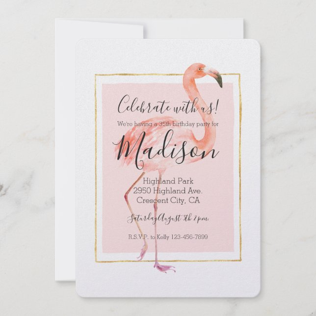 Convite Feliz aniversário de Flamingo Rosa (Frente)