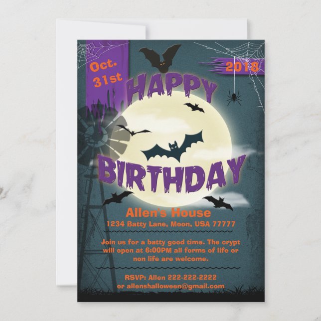 Convite Feliz aniversário de Halloween Baty Moonlight Part (Frente)