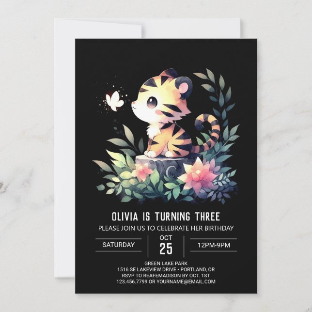Convite Feliz aniversário de Tiger Minimalista (Frente)
