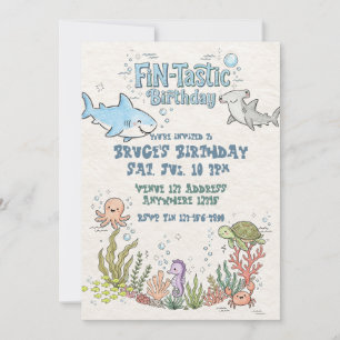 Convite Feliz Aniversário de Tubarão Ilustrado Fin-Tástico
