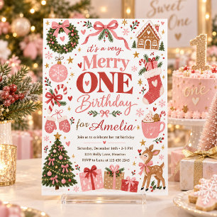 Convite Feliz ANIVERSÁRIO de Um Ano Menina Rosa Natal