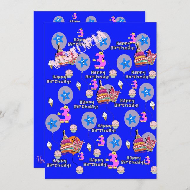 Convite Feliz Aniversário do aniversário de 3 anos Convida (Frente/Verso)