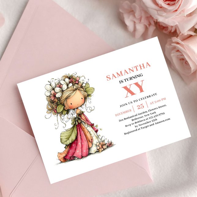 Convite Feliz Aniversário Menina Fada Flora Rosa (Blissful Fairy Girl Birthday Floral Pink invitation)