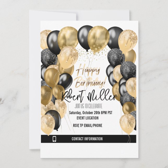 Convite Feliz aniversário Modelo Negro Dourado - Transpare (Frente)