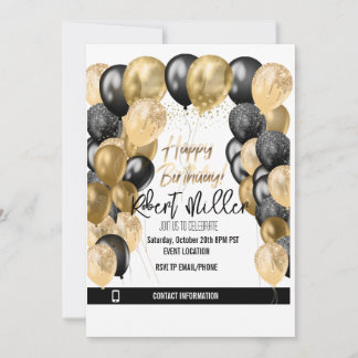 Convite Feliz aniversário Modelo Negro Dourado - Transpare