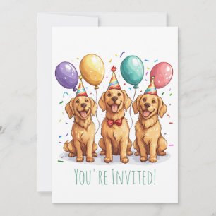 Convite Feliz Aniversário Ouro Cachorros de Retriever