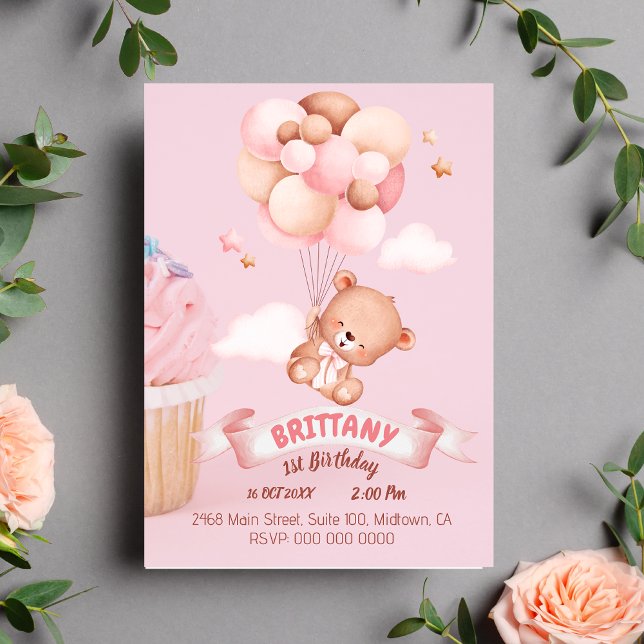 Convite Feliz Aniversário, Pequeno Um! Ursinho, balões no  (Criador carregado)