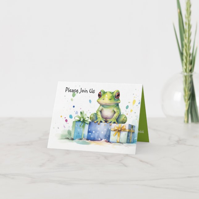 Convite Feliz Aniversário Sapo Verde Fofo com presentes em (Frente)