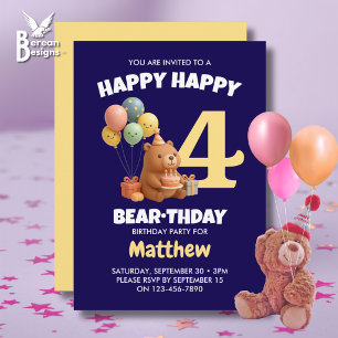 Convite FELIZ ANIVERSÁRIO Urso de Pelúcia Fofo 4º Aniversá