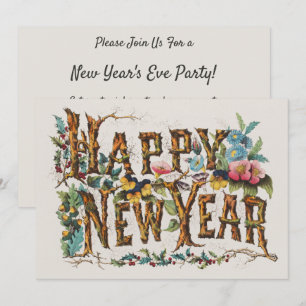 Convite Feliz Ano Novo em Troncos de Árvores, Bolotas e Fl