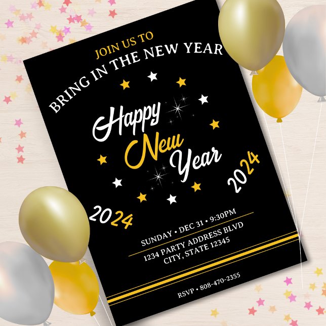 Convite Feliz ano novo preto branco e Dourado estrela 2024 (Black White & Gold Star Happy New Year 2024 Invitation)