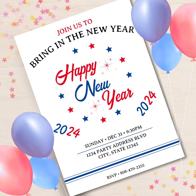 Convite Feliz ano novo Red White e Blue Star 2024 (Red White & Blue Star Happy New Year 2024 Invitation)
