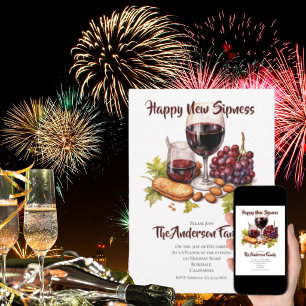 Convite Feliz Ano Novo Sipness Aquarela Queijo e Vinho Des