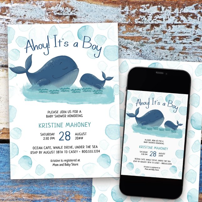 Convite Feliz Aquarela de Baleia É um Chá de fraldas (Boy Baby Shower Invitation from my Happy Whale collection. Message if you need different items.
)