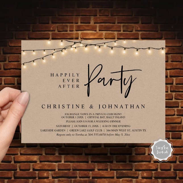 Convite Feliz Atrás da Festa, Luzes de Cordas Elopeam (Happily Ever After party, String Lights Brown Kraft, Wedding Elopement Invitation Cards)