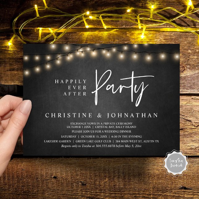 Convite Feliz Atrás da Festa, Luzes de Cordas Elopeam (Happily Ever After party, String Lights Cottage Chalkboard, Wedding Elopement Invitation Cards)