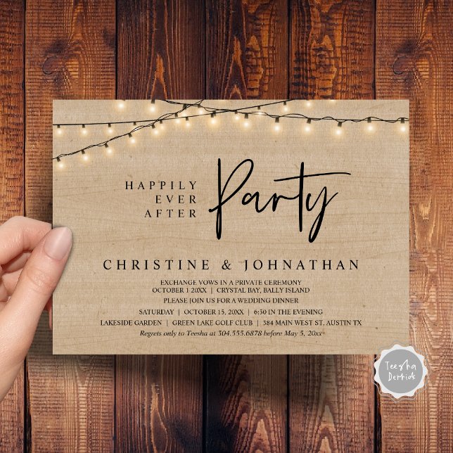 Convite Feliz Atrás da Festa, Luzes de Cordas Elopeam (Happily Ever After party, String Lights Brown Rustic Wood, Wedding Elopement Invitation Cards)