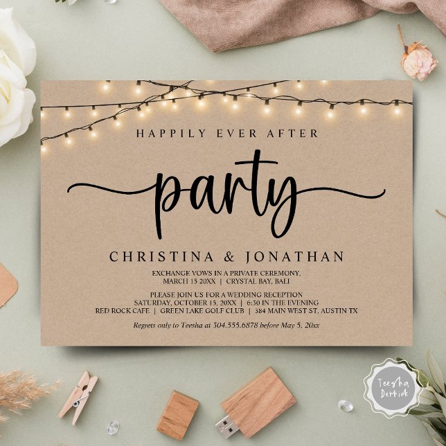 Convite Feliz Atrás da Festa, Luzes de Cordas Elopeam (Happily Ever After party , Wedding Elopement Invitation Card, in Rustic String Lights Brown Kraft.)