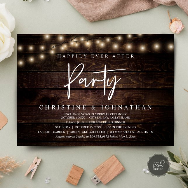Convite Feliz Atrás da Festa, Luzes de Cordas Elopeam (Happily Ever After party, String Lights Brown Dark Wood, Wedding Elopement Invitation Cards)