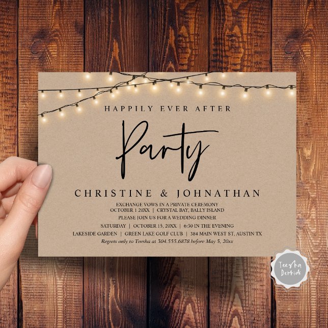 Convite Feliz Atrás da Festa, Luzes de Cordas Elopeam (Happily Ever After party, String Lights Brown Kraft, Wedding Elopement Invitation Cards)