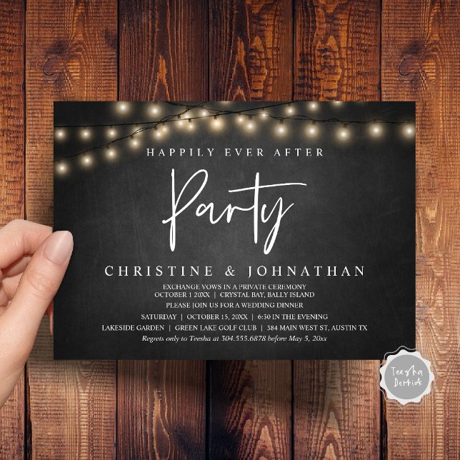 Convite Feliz Atrás da Festa, Luzes de Cordas Elopeam (Happily Ever After party, String Lights chalkboard background, Wedding Elopement Invitation Cards)