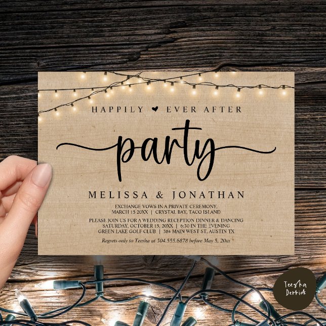 Convite Feliz Atrás da Festa, Luzes de Cordas Elopeam (Happily Ever After Party, Cottage String Lights Elopement Invitation Card, PDF, Brown Wood)