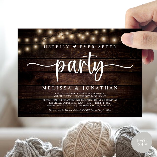 Convite Feliz Atrás da Festa, Luzes de Cordas Elopeam (Happily Ever After Party, Cottage String Lights Elopement Invitation Card, PDF, Brown Wood)