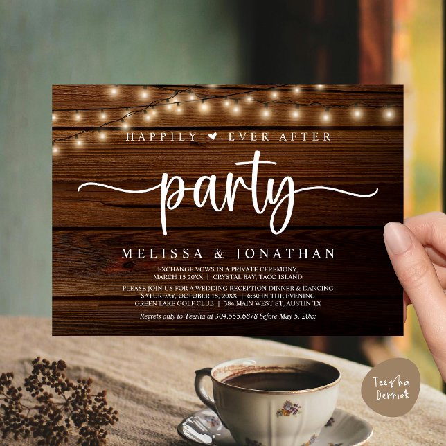 Convite Feliz Atrás da Festa, Luzes de Cordas Elopeam (Happily Ever After Party, Cottage String Lights Elopement Invitation Card, PDF, Brown Wood)