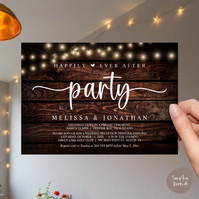 Convite Feliz Atrás da Festa, Luzes de Cordas Elopeam (Happily Ever After Party, Cottage String Lights Elopement Invitation Card, PDF, Brown Wood)