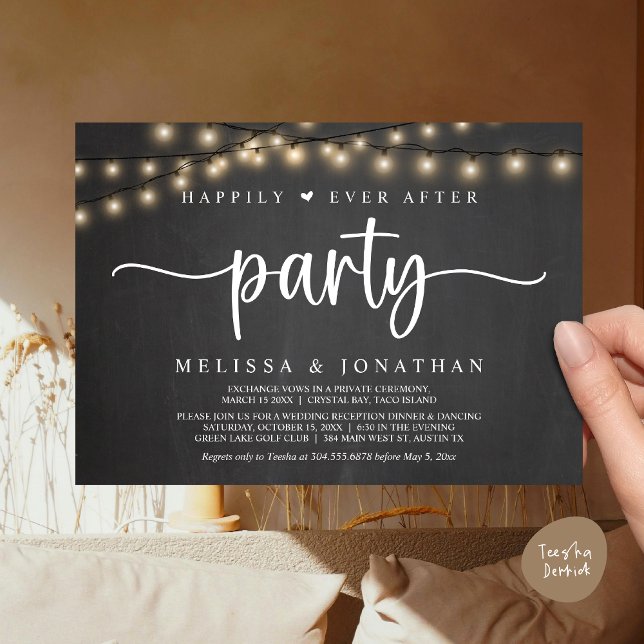 Convite Feliz Atrás da Festa, Luzes de Cordas Elopeam (Happily Ever After Party, Cottage String Lights Elopement Invitation Card, PDF, Rustic Chalkboard)