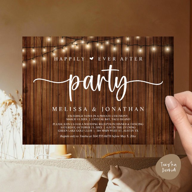 Convite Feliz Atrás da Festa, Luzes de Cordas Elopeam (Happily Ever After Party, Cottage String Lights Elopement Invitation Card, PDF, Brown Wood)