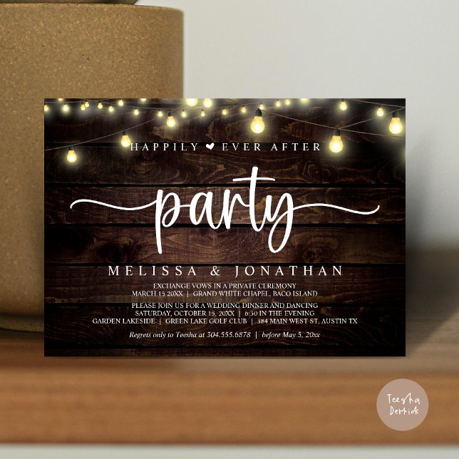 Convite Feliz Atrás da Festa, Luzes de Cordas Elopeam (Happily Ever After Party, Elopement Dinner Dancing, String Lights Invitation Card, PDF, Brown Wood)
