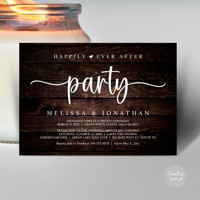 Convite Feliz Atrás da Festa, Luzes de Cordas Elopeam (Happily Ever After Party, Elopement Dinner Dancing, Rustic Cottage Invitation Card, PDF Brown Wood)