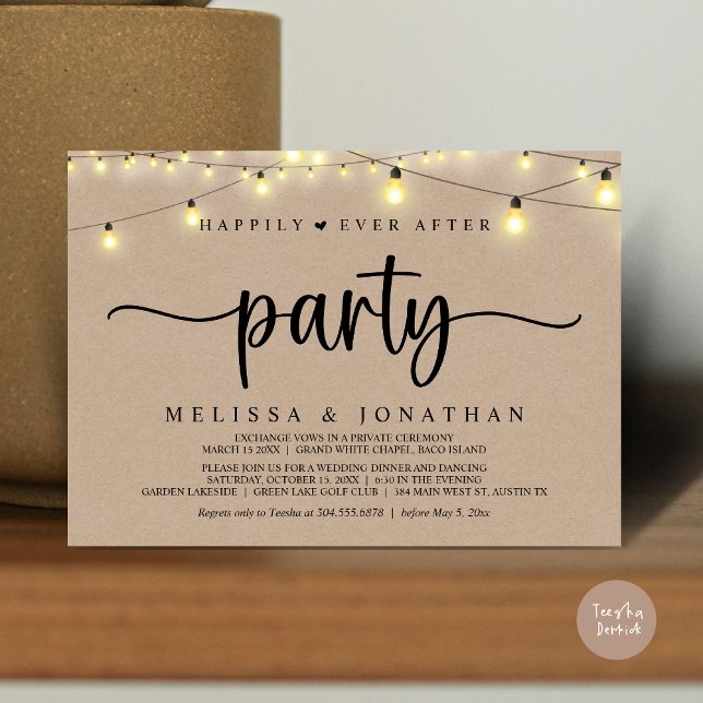 Convite Feliz Atrás da Festa, Luzes de Cordas Elopeam (Happily Ever After Party, Elopement Dinner Dancing, String Lights Invitation Card, PDF, Brown Kraft)