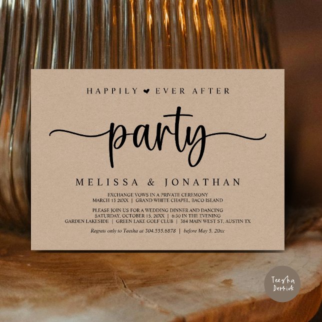 Convite Feliz Atrás da Festa, Luzes de Cordas Elopeam (Happily Ever After Party, Elopement Dinner Dancing, Rustic Cottage Invitation Card, PDF, Brown Kraft)