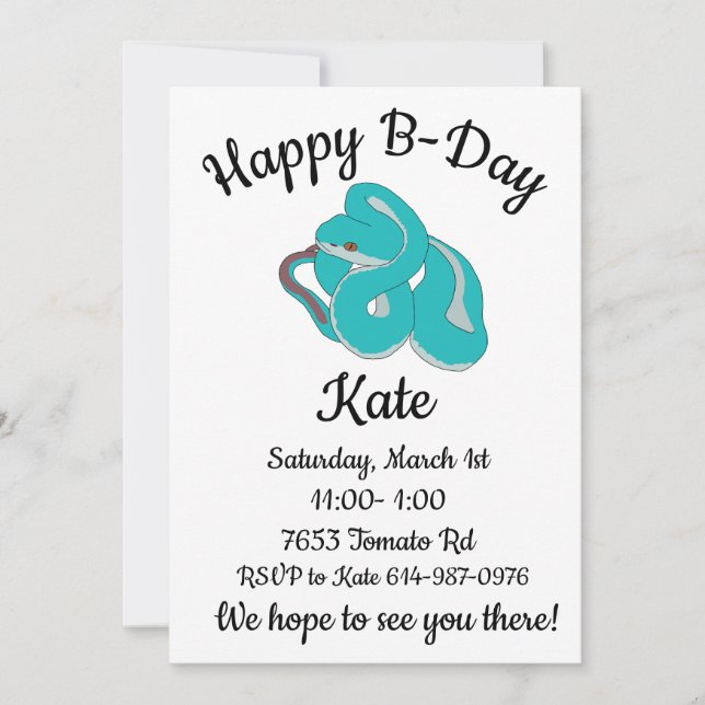 Convite Feliz B-day Víbora de árvore branca (Frente)