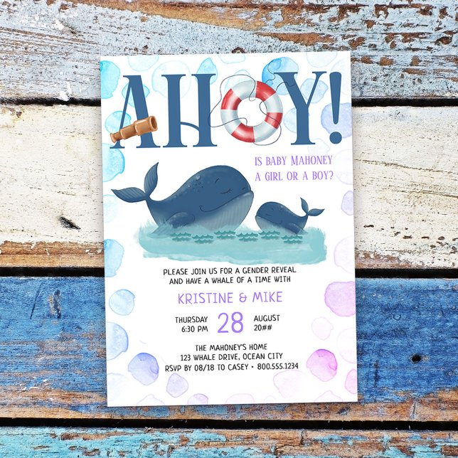 Convite Feliz Baleia Ahoy É uma Revolução de Menina ou Men (Nautical Gender Reveal Invitation from my Happy Whale collection Message if you need different items)