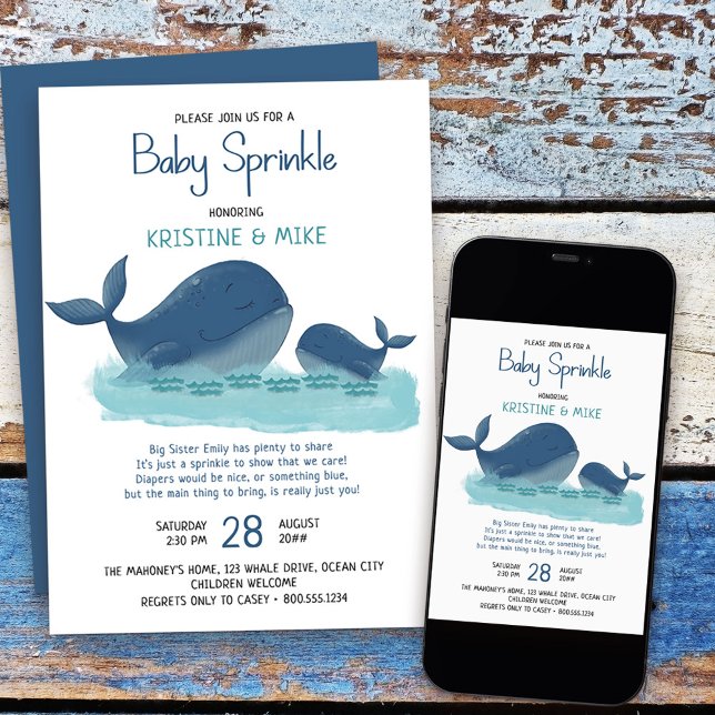 Convite Feliz Baleia Aquarela Menino Bebê Sprinkle (Baby Sprinkle Invitation from my Happy Whale collection. Message if you need different items
)