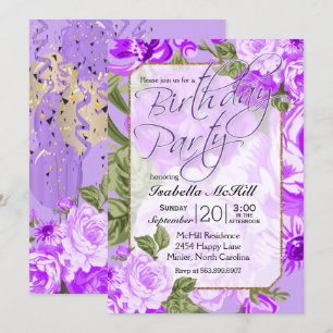 Convite Feliz BIrthday - Design Floral Roxo Lavanda