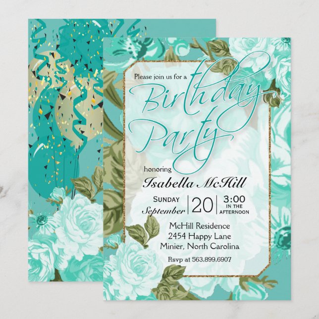 Convite Feliz BIrthday - Teal Floral Design (Frente/Verso)