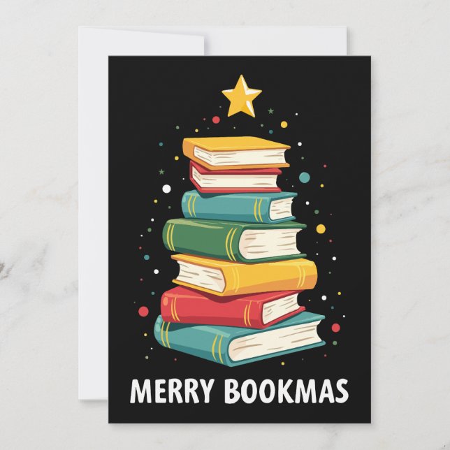Convite Feliz Bookmas - Pilha de Livros Festiva para Amant (Frente)