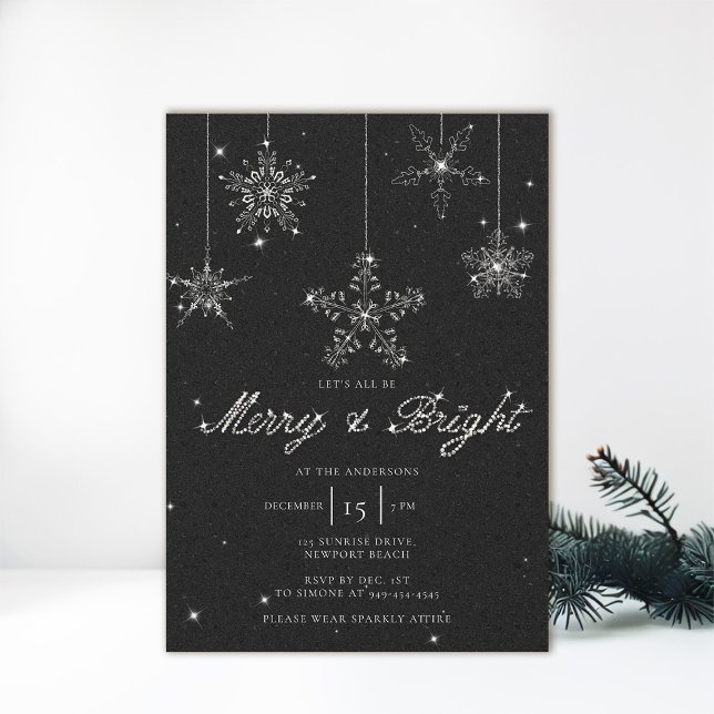 Convite Feliz Brilhante Branco Brilhante Natal Elegante (black white christmas party invitation sparkles glitter snowflakes merry bright elegant modern)