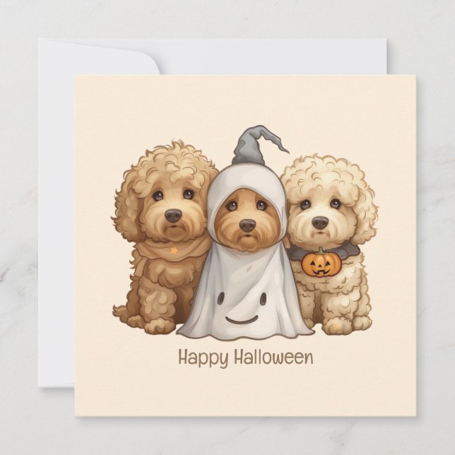 Convite Feliz Cachorro de Goldendoodle de Halloween (Frente)