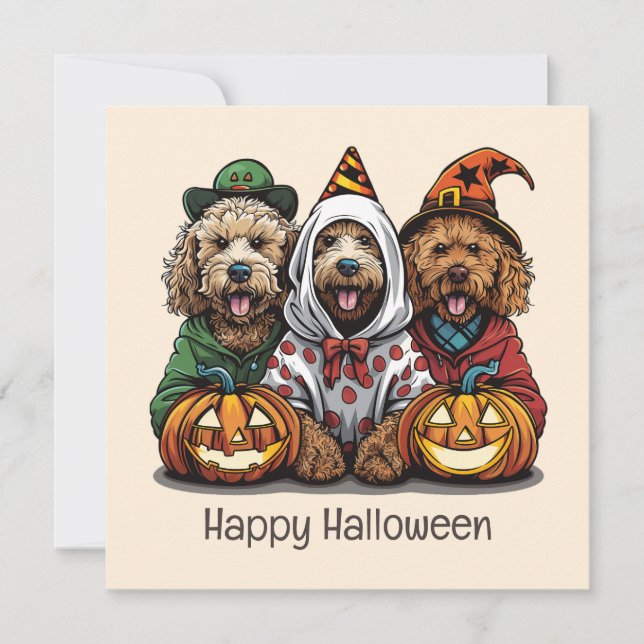 Convite Feliz Cachorro de Goldendoodle de Halloween (Frente)
