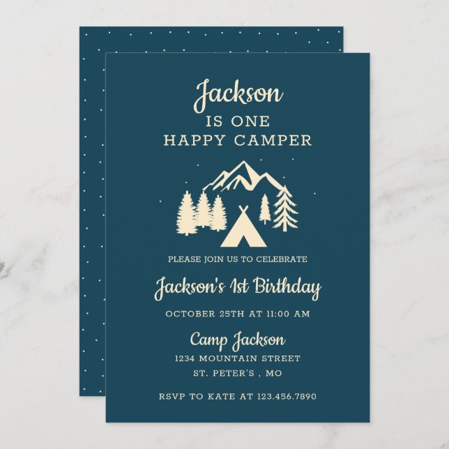 Convite Feliz Camper Camper Camping Birthday (Frente/Verso)