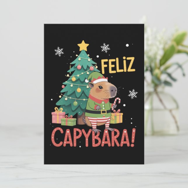 Convite Feliz Capybara Elf Xmas Christmas Tree  (Em pé/Frente)